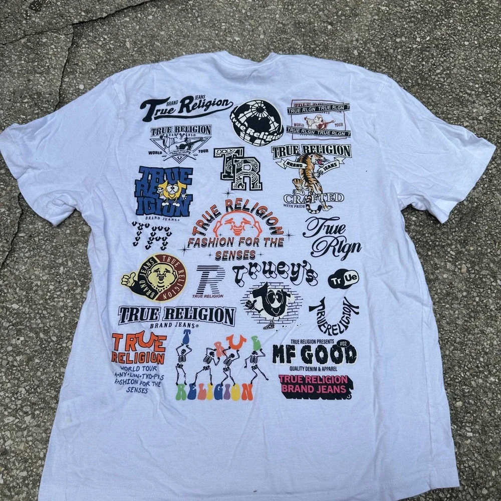 True Religion Mens White Multi Logo Graphic T-Shirt Small Short Sleeve Buddha